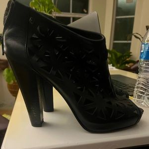 Calvin Klein Suede Peep Toe Black Suede Booties  Shoes Women